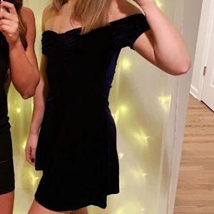 Off the shoulder blue velvet dress